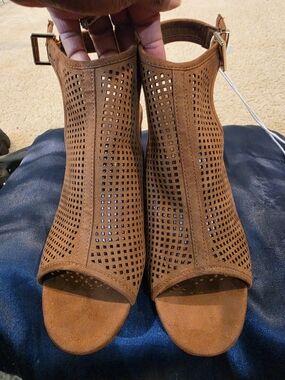 Serra Tan Perforated Open-Toe Ankle Strap Mules